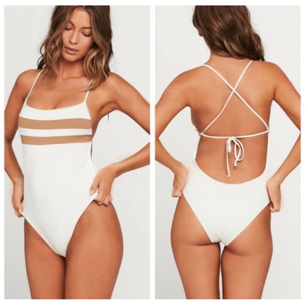 L Space High Impact One Piece Bitsy Cut Swimsuit Cream Tan Sz 12 XL NWT - Picture 1 of 12